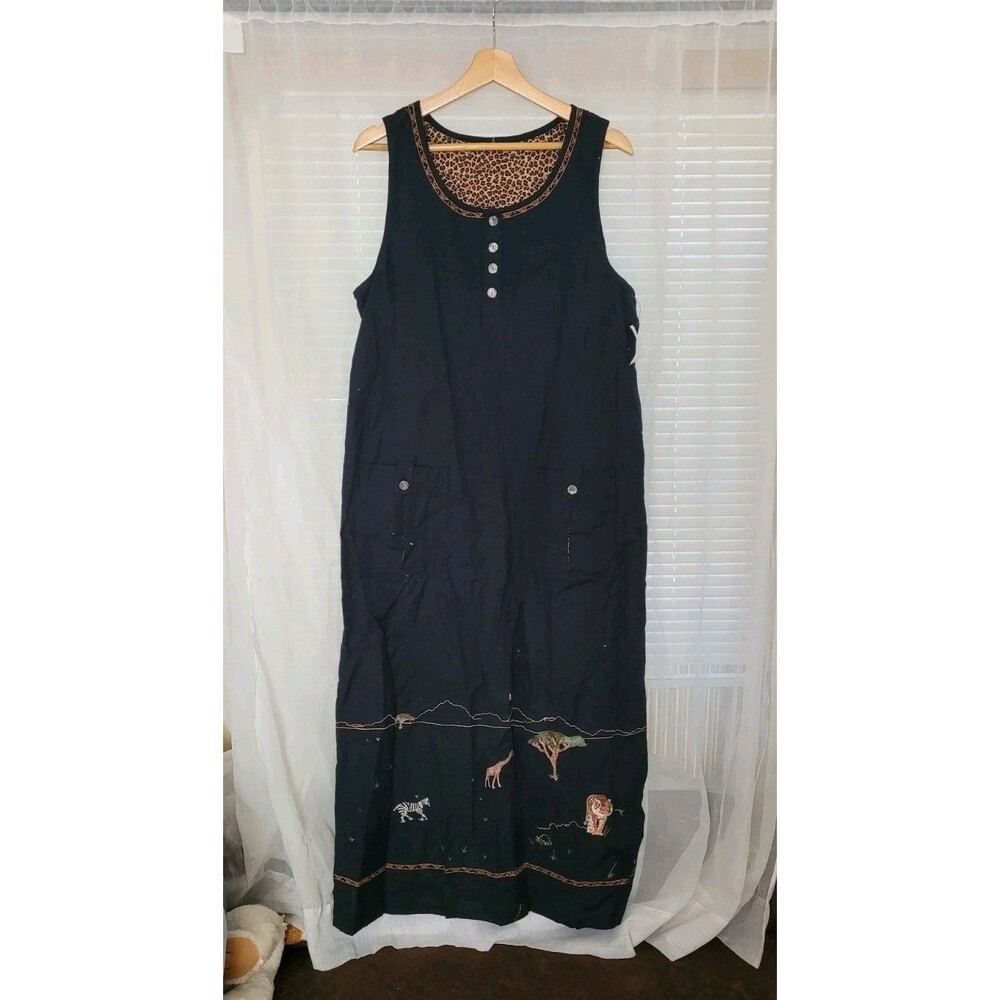 VTG Lemon Grass Jumper Dress Medium Black Embroidered Safari Animals Linen Midi